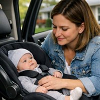 A mother securing her baby in a car seat