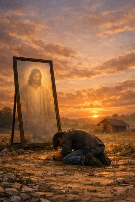 A man kneeling before the mirror of Jesus at sunrise — to God be the glory.